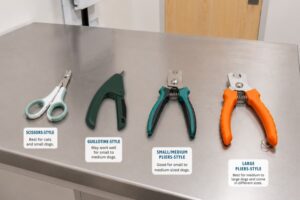 Four types of pet nail clippers on veterinary exam table